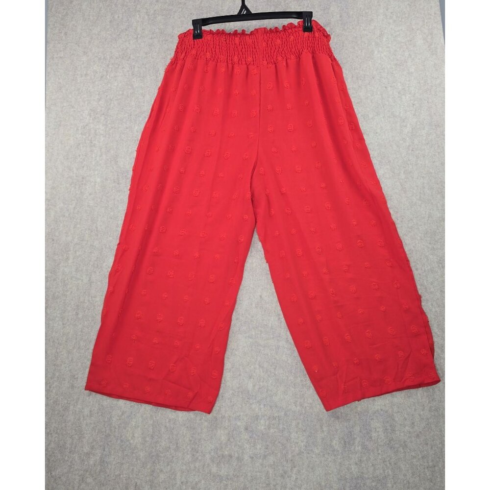 Red Wide-Leg Elastic Waist Pants Size 5XL Lightweight Textured Polyester Blend - Picture 2 of 6